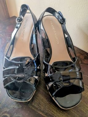 Franco Sarto Black Patent Peep-Toe Slingback Heels 8M